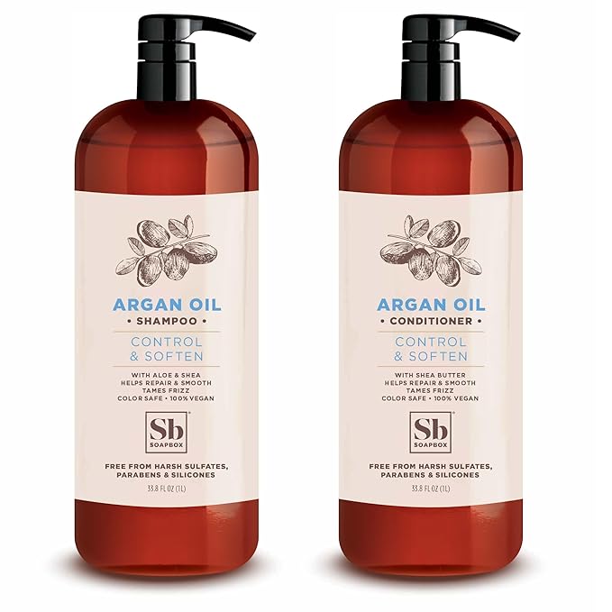 Soapbox Argan Shampoo & Conditioner Set, Volumizing, Vegan, Color Safe, Harsh Sulfate & Silicone Free, 1 Liter Each (Pack of 2)-Velvo Beauty