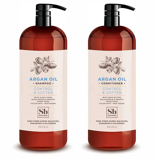 Soapbox Argan Shampoo & Conditioner Set, Volumizing, Vegan, Color Safe, Harsh Sulfate & Silicone Free, 1 Liter Each (Pack of 2)-Velvo Beauty
