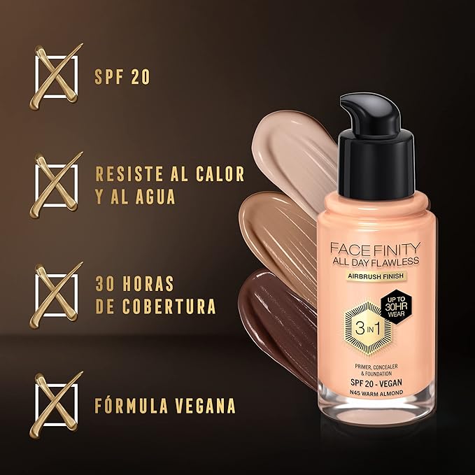 Max Factor Facefinity All Day Flawless 3 In 1 Foundation SPF 20, No. 45 Warm Almond-Velvo Beauty