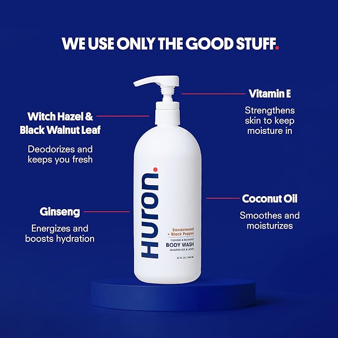 Huron Men’s Moisturizing Body Wash - Clean & Woody Scent of Sandalwood, Black Pepper, Cedarwood, & Amber - Made With Coconut Oil, Vitamin E & Witch Hazel - Vegan, Cruelty-Free - 32 fl oz-Velvo Beauty