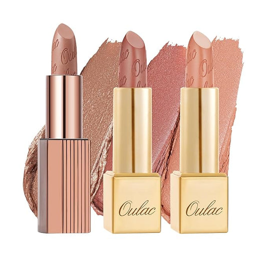 Oulac Metallic Nude Lipstick Set 3PCS, Comfortable Creamy Texture, Smooth No Grainy Feeling, Vegan & Gluten Free, Full-Coverage Lip Makeup, 3 X 4.3 g, 601+GM03+GM14-Velvo Beauty
