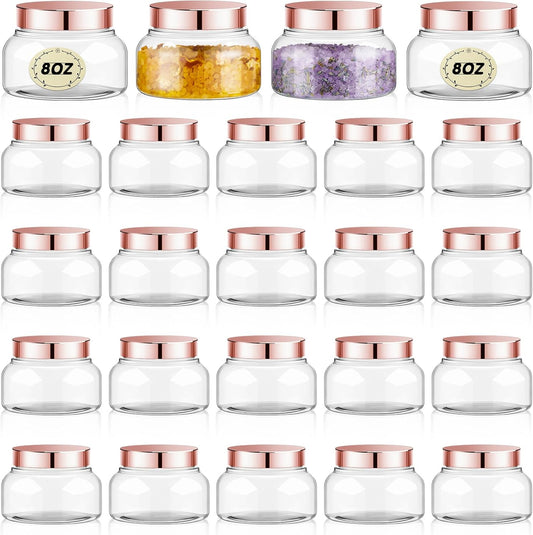 Tessco 24 Pack Plastic Jars with Lids Labels Empty Clear Plastic Jars Round Refillable Cosmetic Containers Body Butter Containers Bulk Sugar Scrub Bottle for Make Up(8 oz,Rose Gold)-Velvo Beauty
