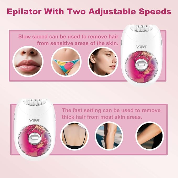 VGR 706 Professional Epilator for Women,Portable Cordless Smooth Glide Hair Removal Device for Legs, Underarm, Back,Full-Body Epilator with 18 Tweezers System, 2 Speeds Hair Removal with Silent Design-Velvo Beauty