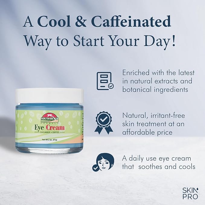 South Beach Herbals Cucumber & Coffee Anti Aging Eye Cream - Brightening and Tightening Anti Wrinkle Under Eye Treatment for Women and Men - Eye Cream for Dark Circles and Puffiness (2 oz.)-Velvo Beauty