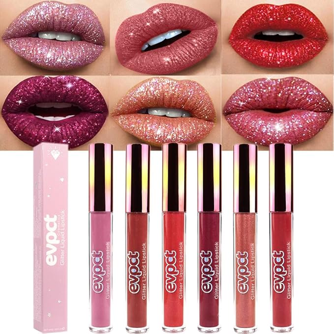 evpct 6Pcs Diamond Lip Gloss Matte to Glitter Liquid Lipstick Waterproof, Metallic Metal Shimmer Liquid Diamond Glitter Sparkle Sparkling Lipstick Lip Gloss Sets for Women Lips Kit, glitter+lipstick-Velvo Beauty