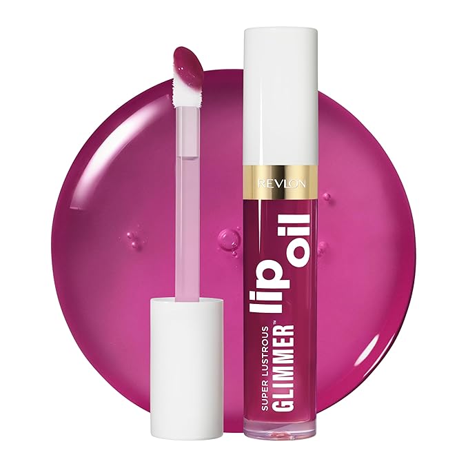 REVLON Super Lustrous Glimmer Lip Oil, Moisturizing & Tinted, Shiny Finish, Made with Plant-Based Squalane, 006 Plum Pop, 0.13 fl oz-Velvo Beauty