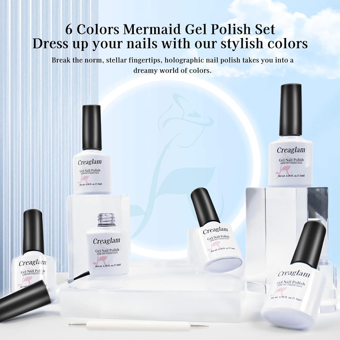 Mermaid Gel Nail Polish Set: 6 Colors - Pastel Pink, White, Orange, Blue, Pearl Gel with Swirl Shell Design - Uv Led Summer Nail Gel Polish DIY Swirl Shell Thread Effect for Girls-Velvo Beauty