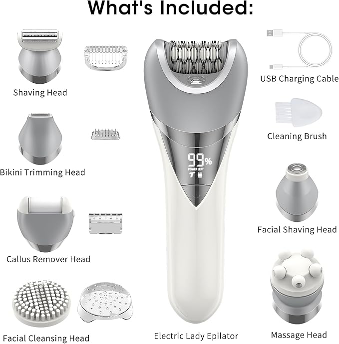 Epilator for Women, 7 in 1 Epilator Hair Removal for Women, Shaver, Bikini, Face Razor, Facial Brush, Face Massage and Body Exfoliator, IPX6 Waterproof Painless Lady Shaver Wet & Dry (White)-Velvo Beauty