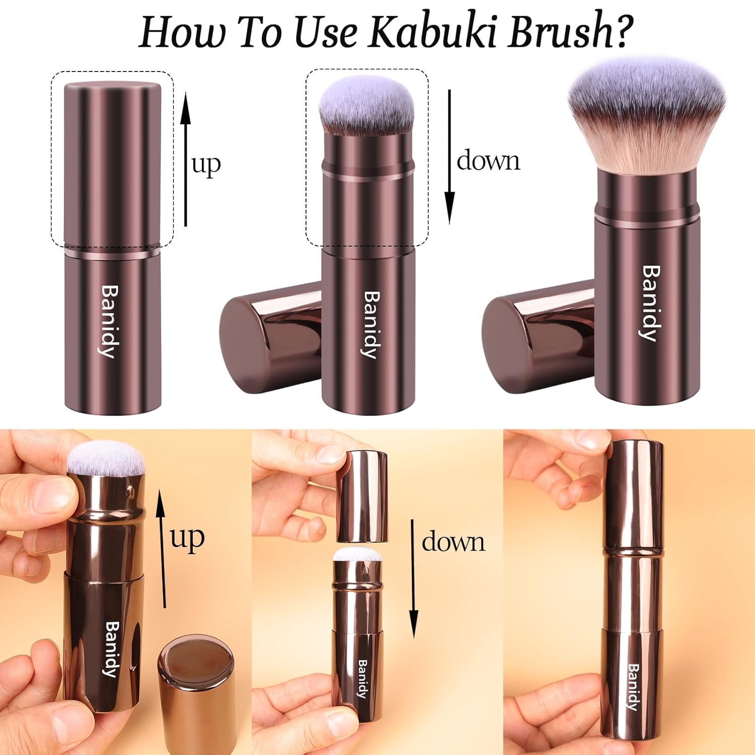 Makeup Brush Kabuki Face Brushes Retractable Travel Blush Brush Portable Flawless for Foundation, Powder Blush, Bronzer, Buffing, Liquid, Cream, Cruelty Free with Cover(Round-Head)-Velvo Beauty