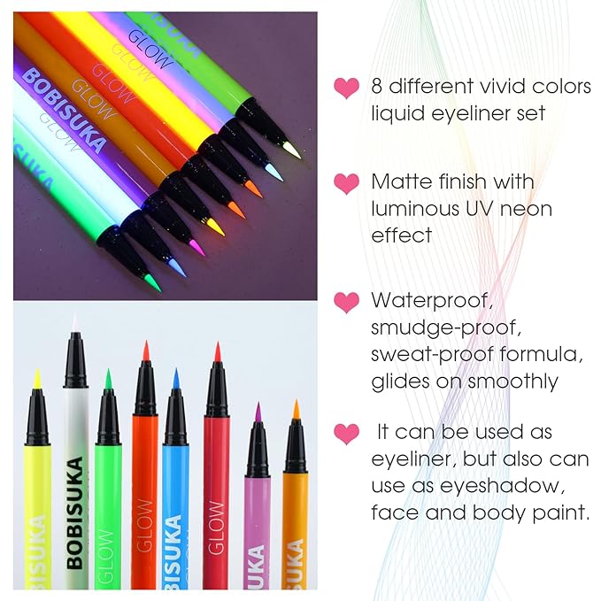 BOBISUKA 8 Colors UV Neon Liquid Eyeliner Set, Matte Colored Eyeliners Pen, Colorful Waterproof Smudge-proof Pigmented Graphic Liners, Delineadores de Colores Para Ojos Eye Makeup Gift Kit-Velvo Beauty