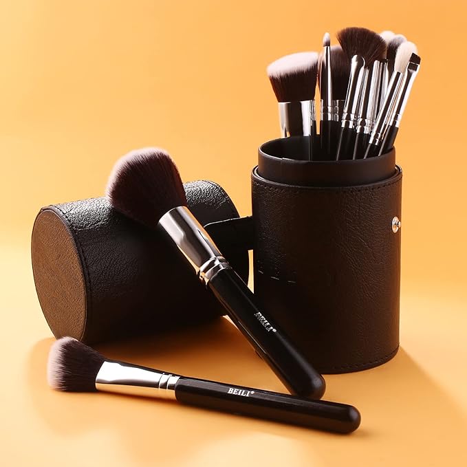 BEILI Makeup Brushes 12pcs Makeup Brushes Set with Holder Premium Synthetic Kabuki Foundation Brush Blending Blush Concealer Full Face Makeup Brushes Kit With Gift Box(Black)-Velvo Beauty