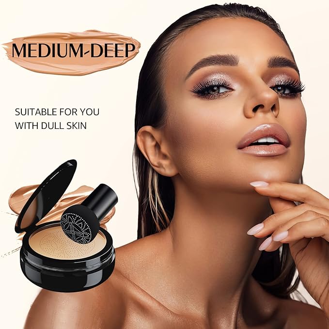 Mushroom Head Air Cushion CC Cream Foundation - Moisturizing & Long-Lasting BB Cream Concealer Makeup Base for All Skin Types, Brighten Long - Lasting Even Color Correcting Concealer (Medium Deep)-Velvo Beauty