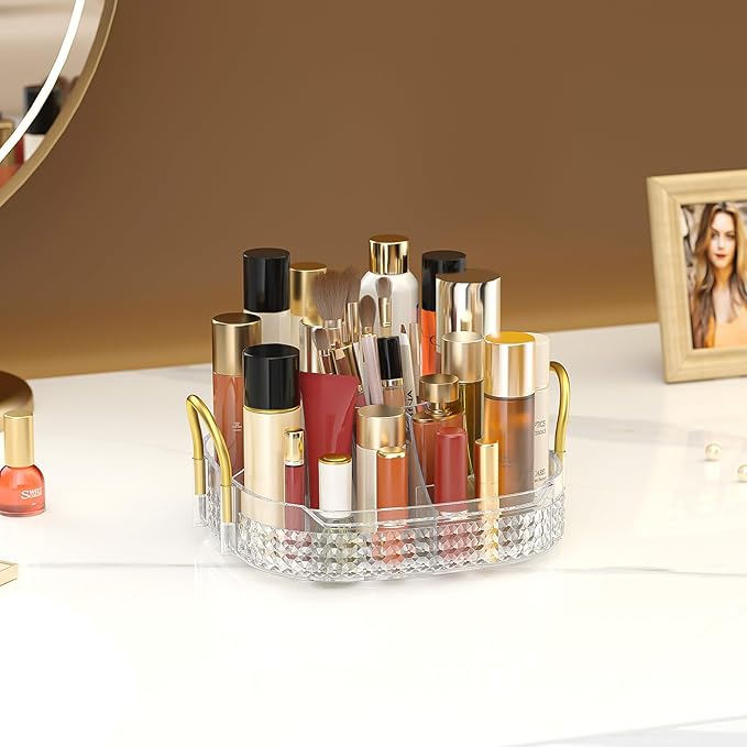 Awenia Rotating Makeup Organizer 360, Stackable Adjustable Large Capacity Cosmetic Storage Unit,Dresser Bathroom Kitchen Countertop Organizer with Metal Handle, Plus Size (Clear, 1 Tier)-Velvo Beauty