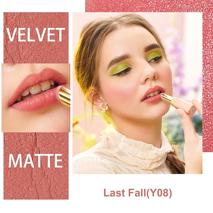 Oulac Nude Matte Lipstick for Women, Lipstick & Blush Duo, Peach Creamy Soft Satin Finish Lipsticks, Moisturising Formula, Rich Color Lightweight Lip Balm, Rose Oil, Vegan & Cruelty-Free| 3.6g (Y08)-Velvo Beauty