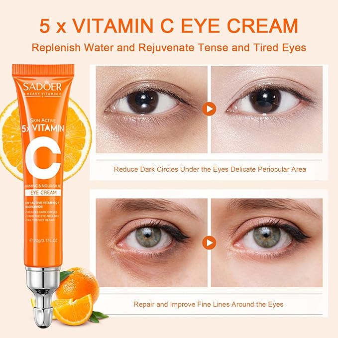 5 in 1 Vitamin C Eye Cream for Dark Circles and Puffiness - Eye Cream Anti Aging - Under Eye Cream for Puffiness and Bags Under Eyes - Eye Bag Cream for All Skin Types - Rejuvenate Your Eye Area-Velvo Beauty