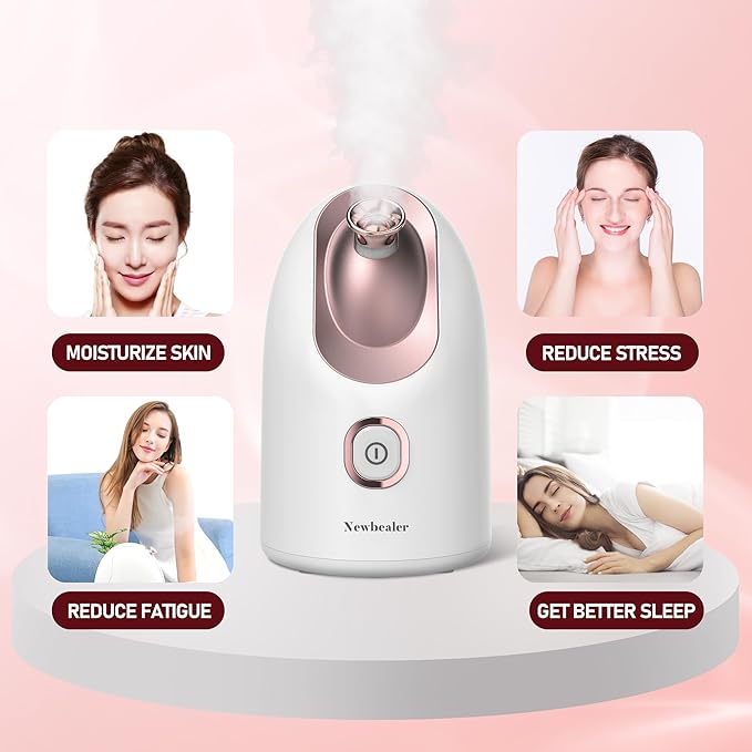 Newbealer Facial Steamer, Mini Aroma Face Steamer, Nano Ionic Hot Mist Face Humidifier for Facial Deep Cleaning, Home Sauna Spa Sprayer with 9 Pieces Acne Remover Kit (White-Gold, 160 ML)-Velvo Beauty