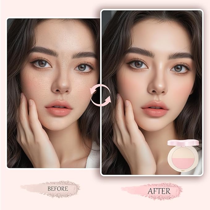 Pink Setting Powder, 3 in 1 Blush Palette with Puff, Highlighter Palette, Fine Texture Blush Pressed Powder, Setting Powder Makeup, Korea Makeup - Purple-Velvo Beauty