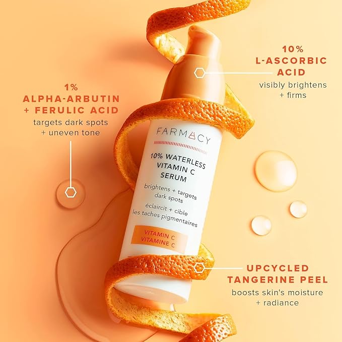 Farmacy 10% Vitamin C Face Serum - Waterless Vitamin C Skin Care Serum to Brighten, Firm + Smooth Skin Texture - Enriched with Upcycled Tangerine Peel to Boost Skin's Moisture + Radiance (5ml)-Velvo Beauty
