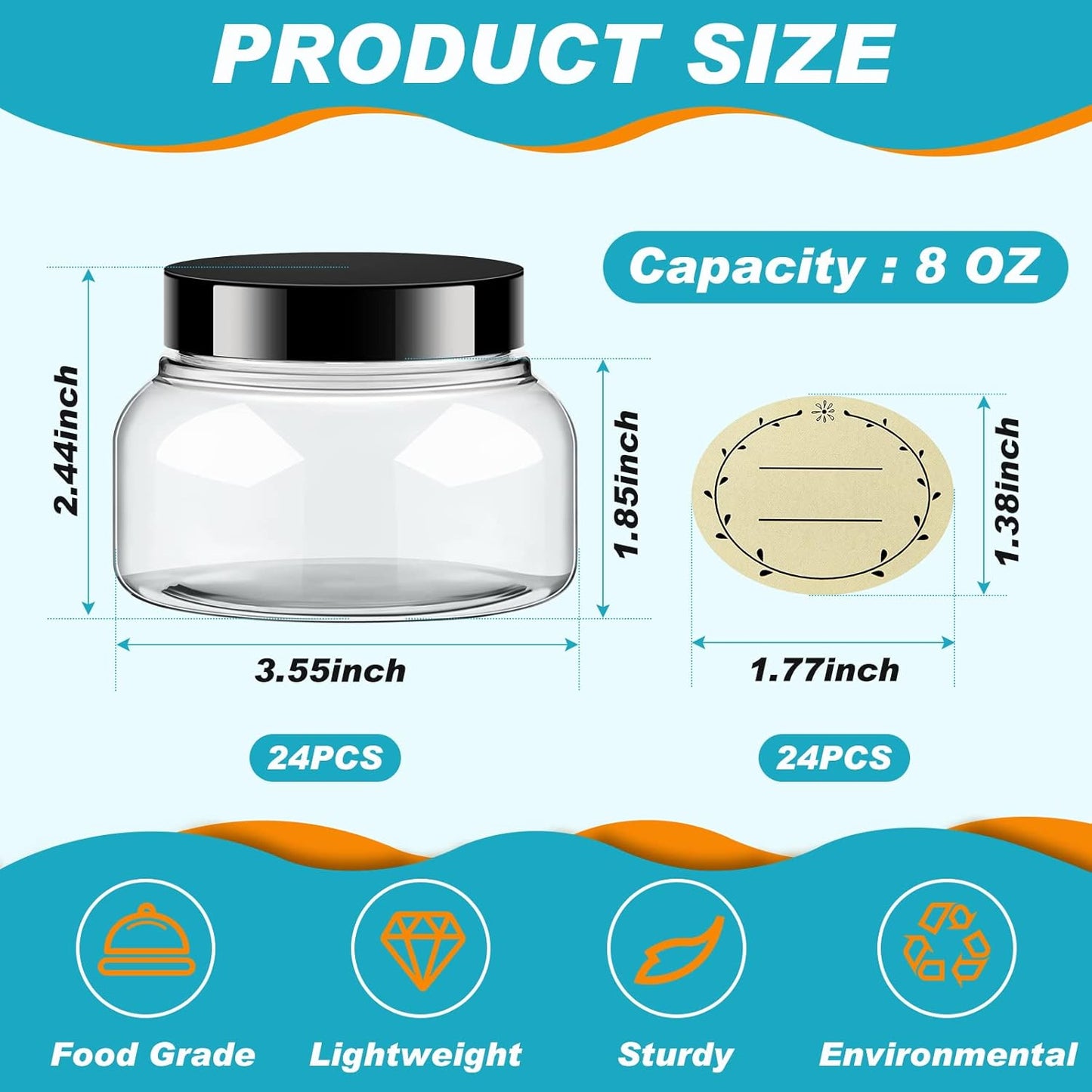 Tessco 24 Pack Plastic Jars with Lids Labels Empty Clear Plastic Jars Round Refillable Cosmetic Containers Body Butter Containers Bulk Sugar Scrub Bottle for Make Up (8 oz,Clear, Black)-Velvo Beauty