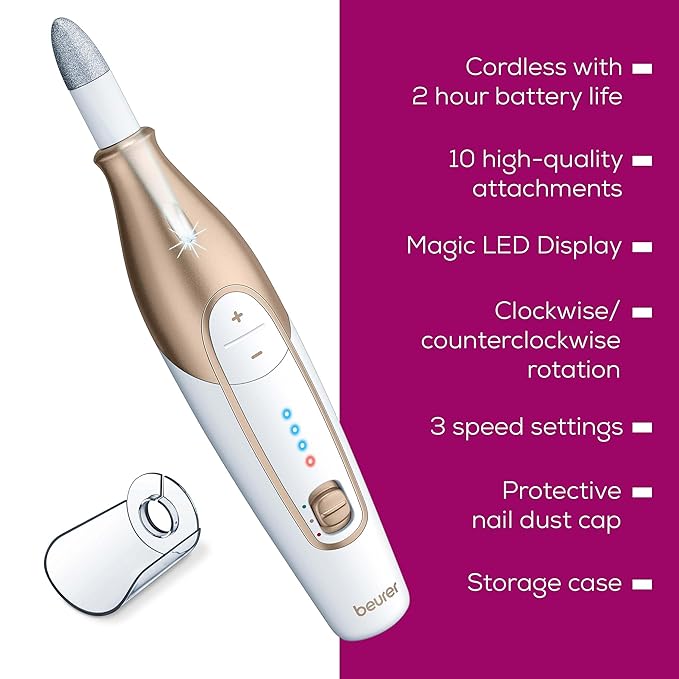 Beurer MP64 Nail Drill Kit, Cordless Electric Nail File with 10 Attachments and LED Light, Electric Manicure Set with Adjustable Speed, E-File for Manicure and Pedicure, with Storage Case-Velvo Beauty