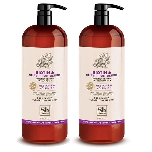 Soapbox Biotin & Superfruit Shampoo & Conditioner Set with Vegan Collagen, Aloe and Shea Butter, Harsh Sulfate Free, Paraben & Silicone Free, 1 Liter Each (Pack of 2)-Velvo Beauty