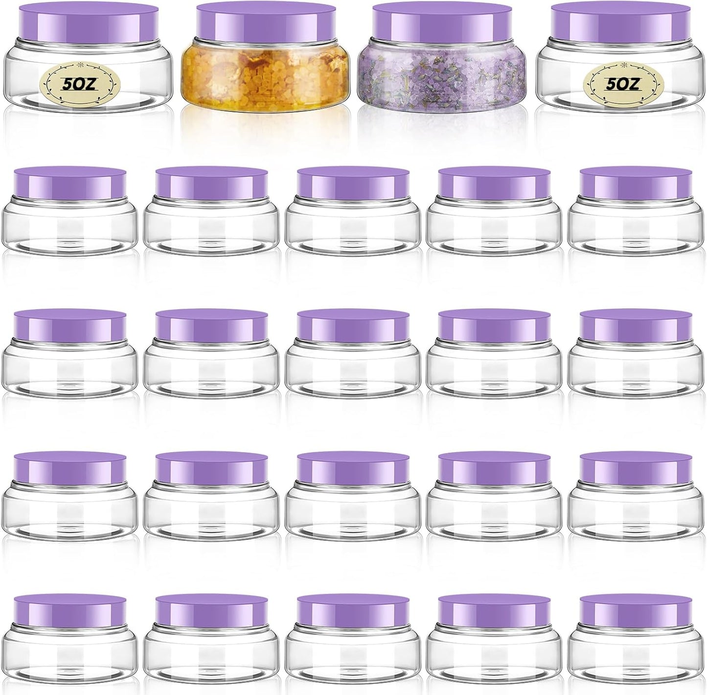 Tessco 24 Pack Plastic Jars with Lids Labels Empty Clear Plastic Jars Round Refillable Cosmetic Containers Body Butter Containers Bulk Sugar Scrub Bottle for Make Up(5 oz,Clear, Purple)-Velvo Beauty