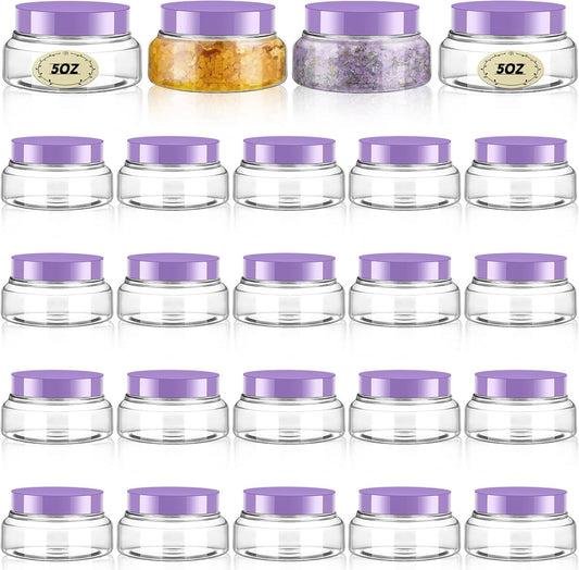 Tessco 24 Pack Plastic Jars with Lids Labels Empty Clear Plastic Jars Round Refillable Cosmetic Containers Body Butter Containers Bulk Sugar Scrub Bottle for Make Up(5 oz,Clear, Purple)-Velvo Beauty