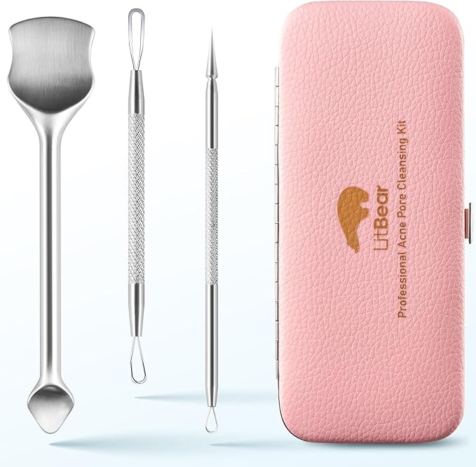 LitBear Pore Prep Tool, Blackhead Remover Pimple Popper Tool Kit, Stainless Steel Blackhead Extractions Tool for Acne, Whitehead Popping, Blemish, Comedone, Pink-Velvo Beauty