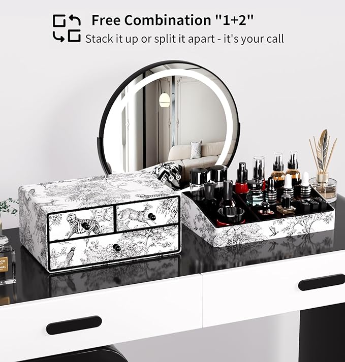 GORESE Leather Makeup Organizer with 3 Drawers for Vanity, Stackable Skincare Holder Dresser Organizer Countertop, Make Up Storage Organizers Counter Cosmetic Display Case Gift for Women(Retro Black)-Velvo Beauty