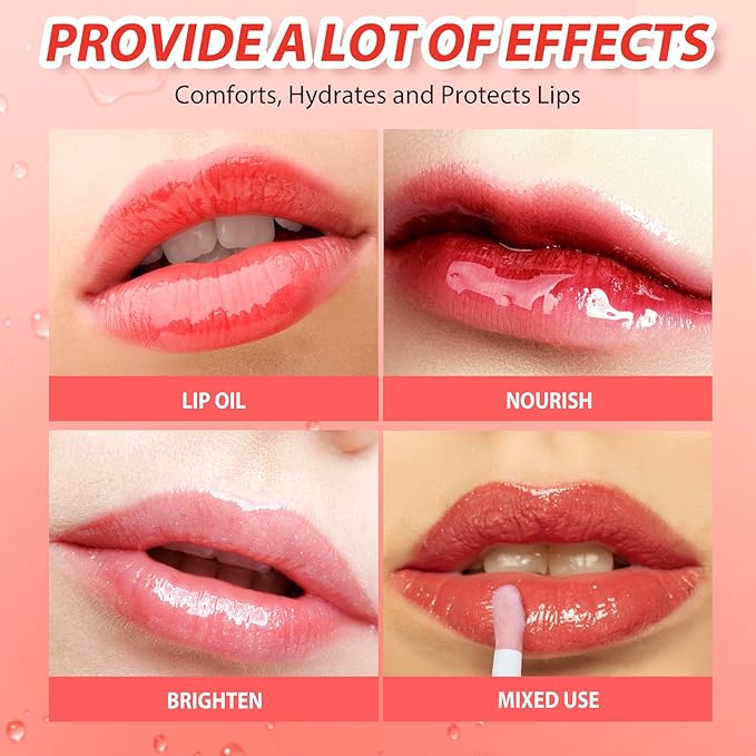 Big Brush Head Lip Glow Oil Plumping Tint, Tinted Lip Balm Transparent Lip Care, Moisturizing Non-sticky Fresh Shiny Texture Lip Oil - Strawberry (Pink)-Velvo Beauty