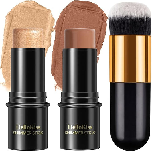 2Pcs Cream Contour Stick Makeup Kit, Cream Highlighter Stick and Bronzer Contour Stick with Longwear Waterproof Formula for Brightening and Trimming the Cheeks, Makeup Brush Include (#04, 07)-Velvo Beauty