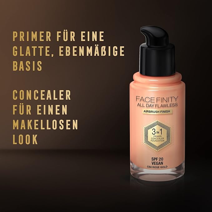Max Factor Facefinity 3-in-1 All Day Flawless Liquid Foundation, SPF 20-64 Rose Gold, 30 ml-Velvo Beauty