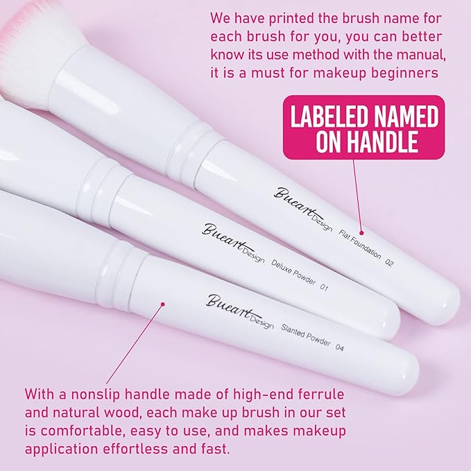 Bueart Design 16Pcs ULTRA SOFT labeled Makeup Brushes set with brush Holder face brush for Foundation Powder Blending Blush wooden Handle(16Pcs White+Pink Holder)-Velvo Beauty