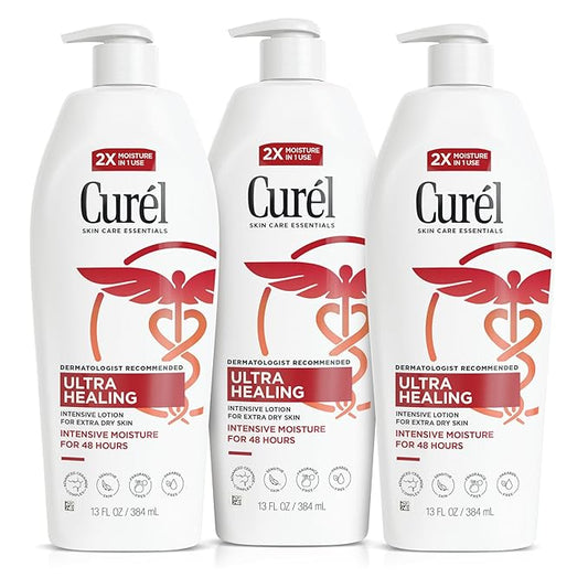 Curel Ultra Healing Intensive Fragrance-Free Lotion For Extra-Dry Skin, Dermatologist Recommended, Ideal for Sensitive Skin, Cruelty Free, Paraben Free, 13 Oz, Pack of 3-Velvo Beauty