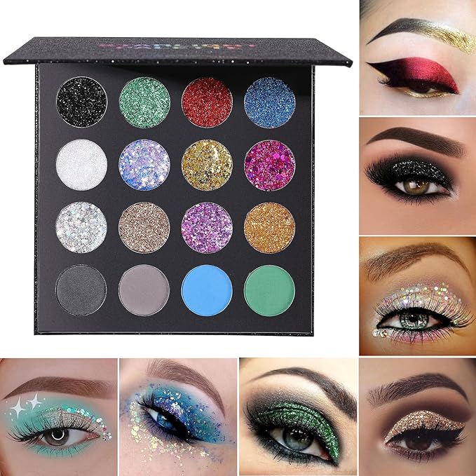 UCANBE Glitter Eyeshadow Makeup Palette - 12 Face Body Chunky & Fine Pressed Glitter + 4 Eye Shadow Powder Make Up Pallet for Theater Party Cosplay Halloween Christmas, Highly Pigmented Ultra Shimmer-Velvo Beauty