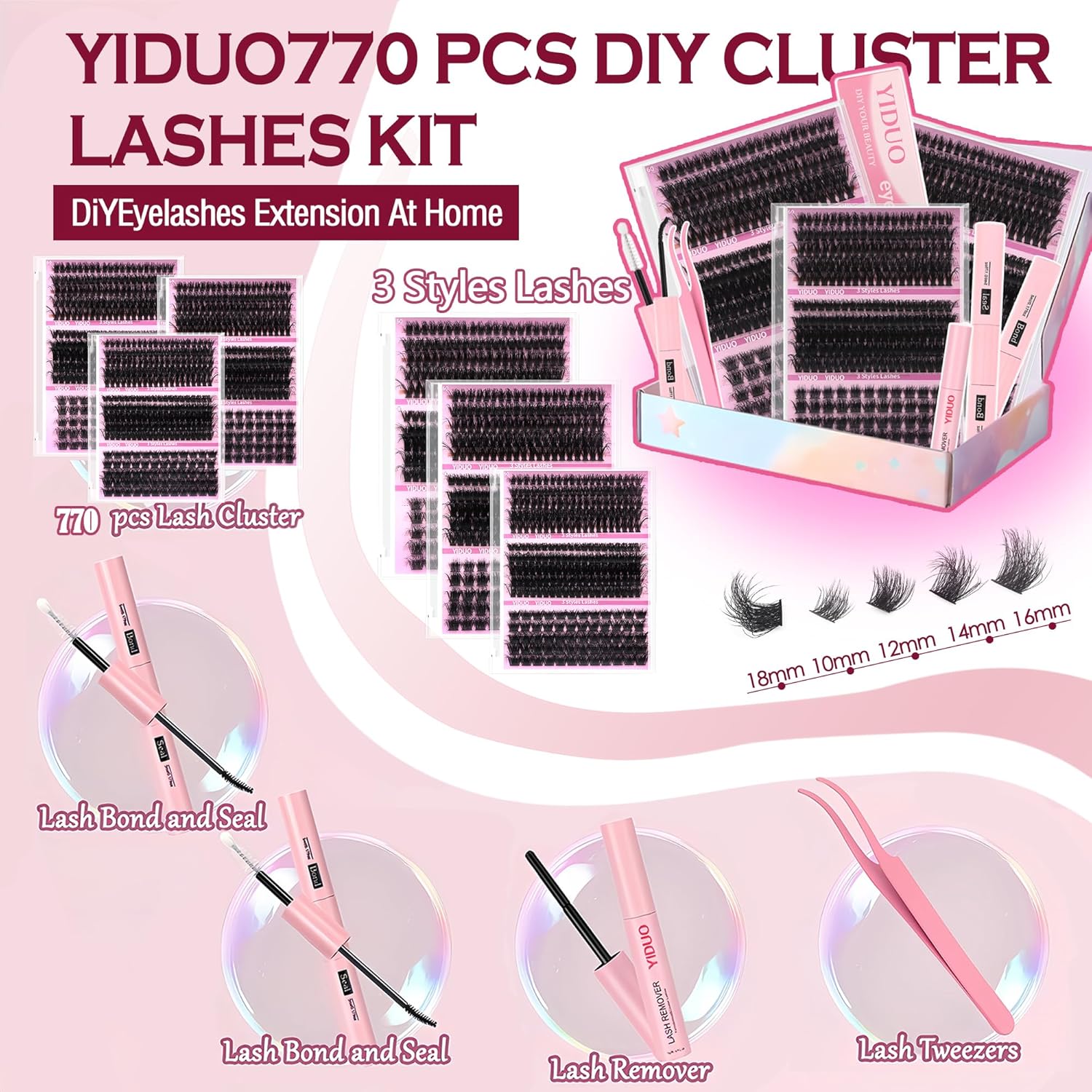 Volume Lashes Clusters Lash Kit Gift Packs 770Pcs with 2X Bond&Seal 5 style Mixed C-Curl False Eyelashes Extensions Faux Mink Individual Lash Wholesale Pack DIY Individual Fake Eyelashes Box-Velvo Beauty