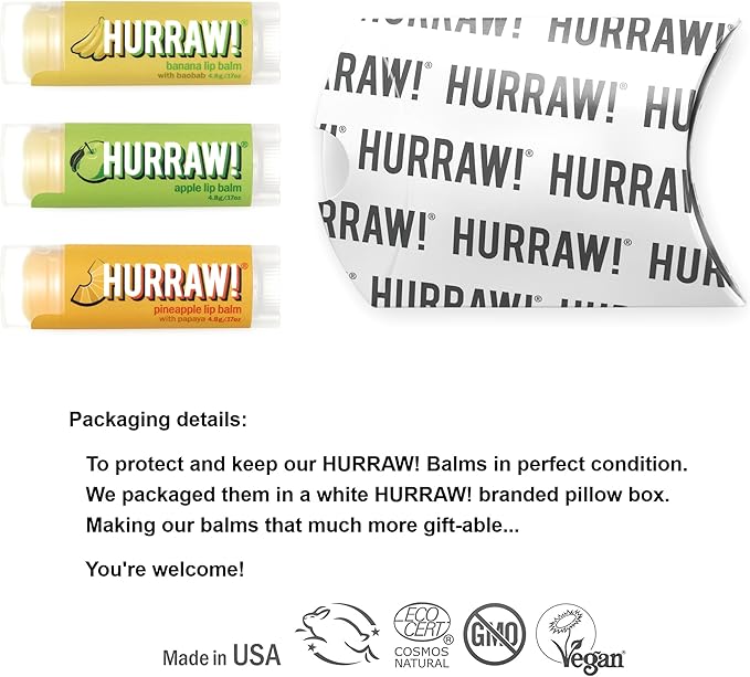 Hurraw! Banana, Apple, Pineapple Lip Balms, 3 Pack Bundle: Organic, Certified Vegan, Cruelty and Gluten Free. Non-GMO, 100% Natural. Bee, Shea, Soy & Palm Free. Made in USA-Velvo Beauty
