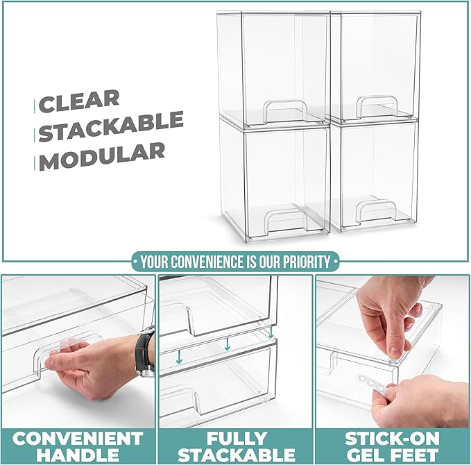 Sorbus Acrylic Storage Containers - 4 Pack, Stackable Storage Bins Set for Bathroom Organization - Clear Acrylic Drawer Organizers - Makeup Case Pull-Out Drawers (7.6’’ Tall)-Velvo Beauty