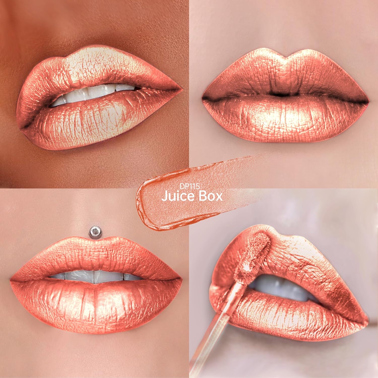 Peach Red Lipsticks for Women Metallic Lipstick Long Lasting Non Stick Cup Lip Gloss, Shimmer Lightweight Hydrating Full Coverage Lip Color, DP115 Juice Box-Velvo Beauty