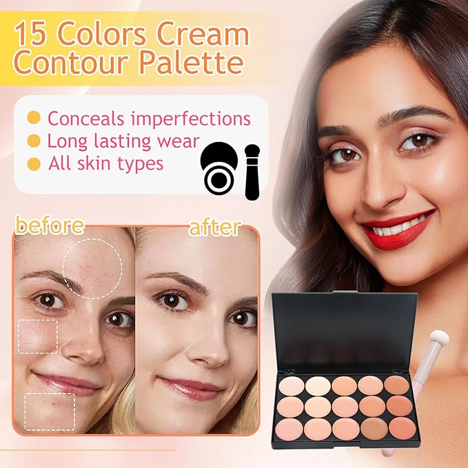 15 Colors Cream Contour Palette,Lightweight Concealer Full Coverage Contouring Liquid Foundation Palette,Multi-use Blendable Color Corrector Concealer Palette with Makeup Sponge-Velvo Beauty