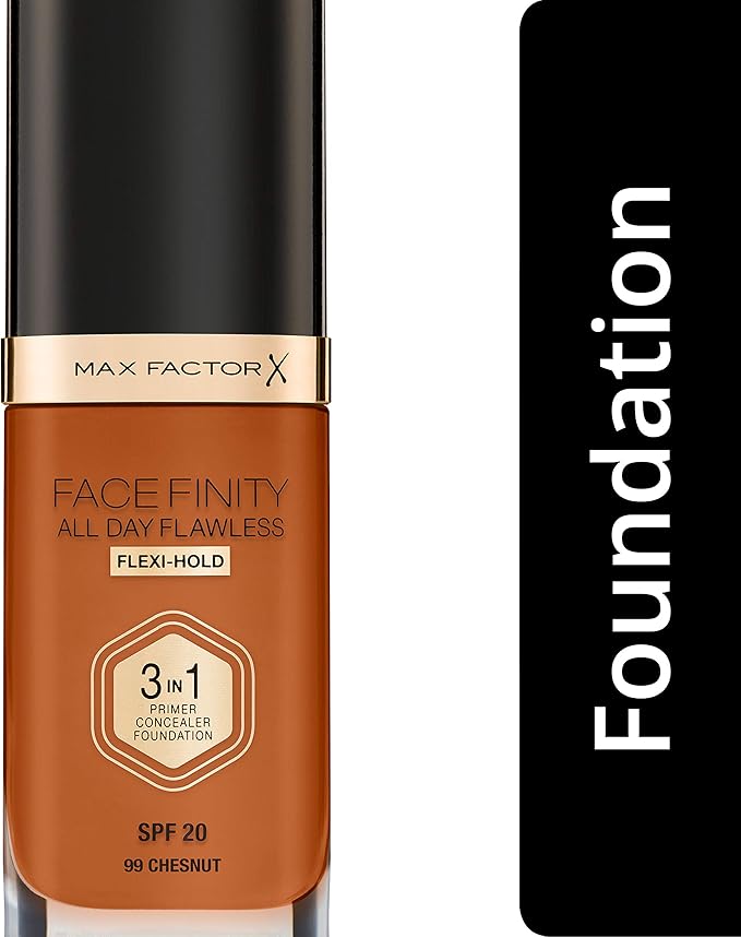 Max Factor Facefinity 3-in-1 All Day Flawless Liquid Foundation, SPF 20-99 Chestnut, 30 ml-Velvo Beauty