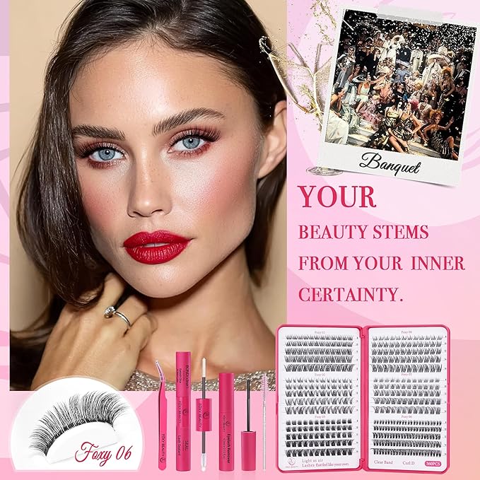 Nova Lash Clusters Kit - 360 pcs Lash Clusters Natural Look Invisible Band Eyelash Clusters Lash Extension Kit with Bond and Seal 0.07D D Curl WideSpan Cluster Eyelash Extension Kit 8-16mm DIY at Home-Velvo Beauty