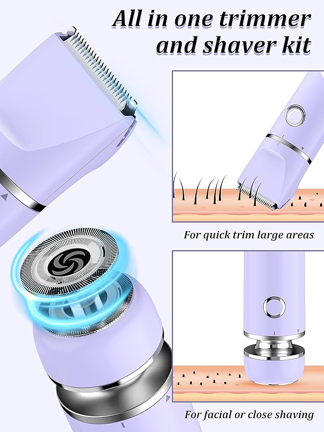 Bikini Trimmer and Shaver Kit for Women - 2-in-1 Wet/Dry Electric Body Hair Trimmer Facial Hair Removal Cordless Waterproof Bikini Shaver Razor for Face Lip Chin Pubic Underarm Legs (Purple)-Velvo Beauty