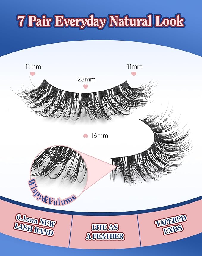 Lashes Volume False Eyelashes Wispy Natural Look Everyday Flared Strip EyeLash Fluffy Lash Long Soft Round-Eye Pack 16MM 7 Pairs D89-Velvo Beauty