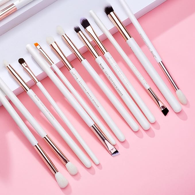 Jessup Eye Makeup Brush Set Professional 15pcs White/Rose Gold Premium Natural-synthetic Eye Shadow Blending Concealer Eye & Brow Liner Brushes, T217-Velvo Beauty