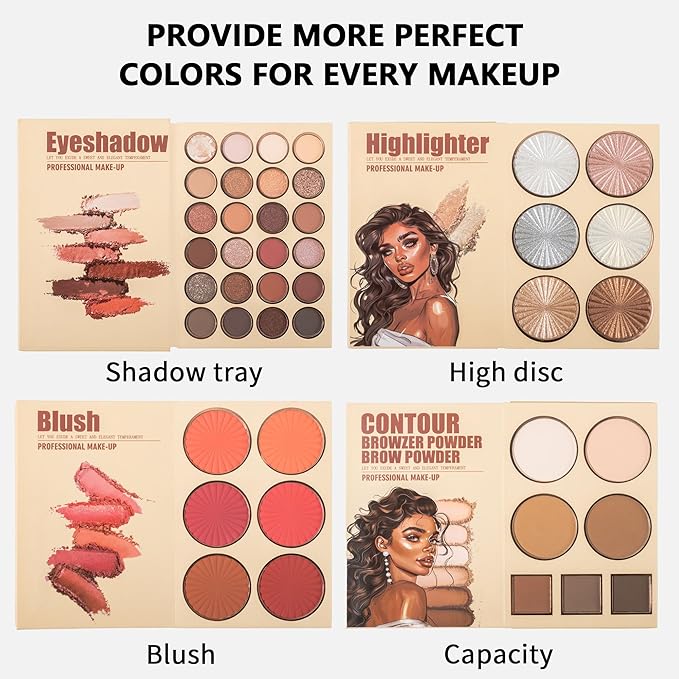 4-Layer Book-Style Foldable Makeup Palette Set | Portable & Long-Lasting | Contour Blush Highlight Eyeshadow, Professional 43 Shades, Suitable for Multiple Skin Tones & Makeup Looks, Gift Idea-Velvo Beauty