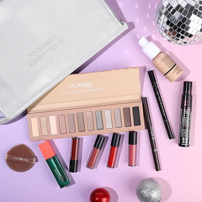 Makeup Set for Women Full kit, Makeup bag with 12 Color Nude Eyeshadow Palette, Mascara, Lip gloss, Blush & Foundation, Beauty blender, Eyeliner Pen, Eyebrow Pencil All in One Gift Set-Velvo Beauty