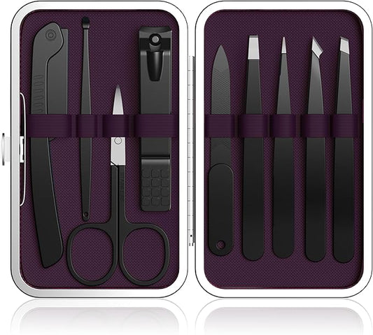 Yougai Tweezers Set,9 Pcs Professional Stainless Steel Eyeberow Tweezer Kit for Women and Men, Great Precision Tweezers No Gaps with Leather Travel Case-Velvo Beauty