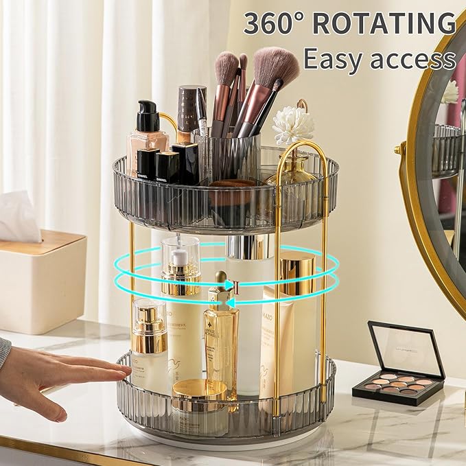 360° Rotating Makeup Organizer, Large-Capacity Skincare Make Up Storage 2 Tier Perfume Organizers Cosmetic Dresser Organizer with Makeup Brush Holder, Fits Bedroom, Bathroom, Vanity Shelf Countertop-Velvo Beauty