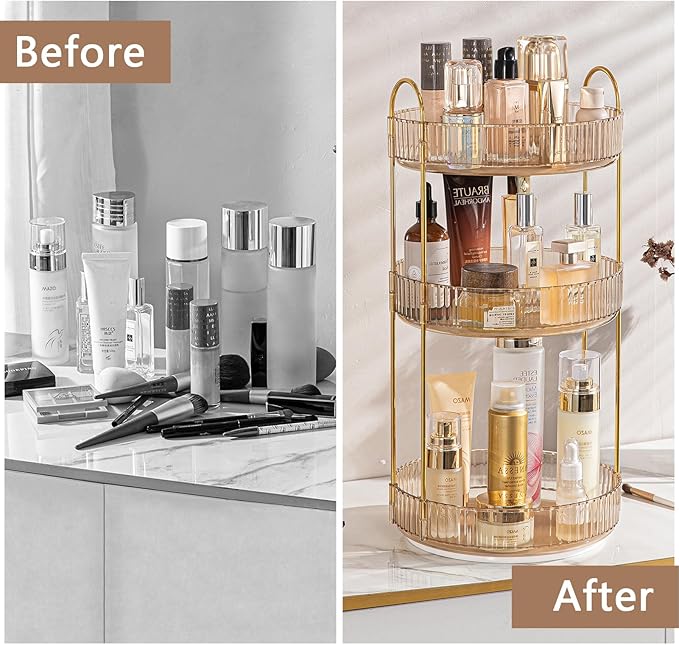 Rotating Makeup Organizer for Vanity, High-Capacity Skincare Clear Make Up Storage Perfume Organizers Cosmetic Dresser Organizer Countertop 360 Spinning (Gold, 3 Tier)-Velvo Beauty
